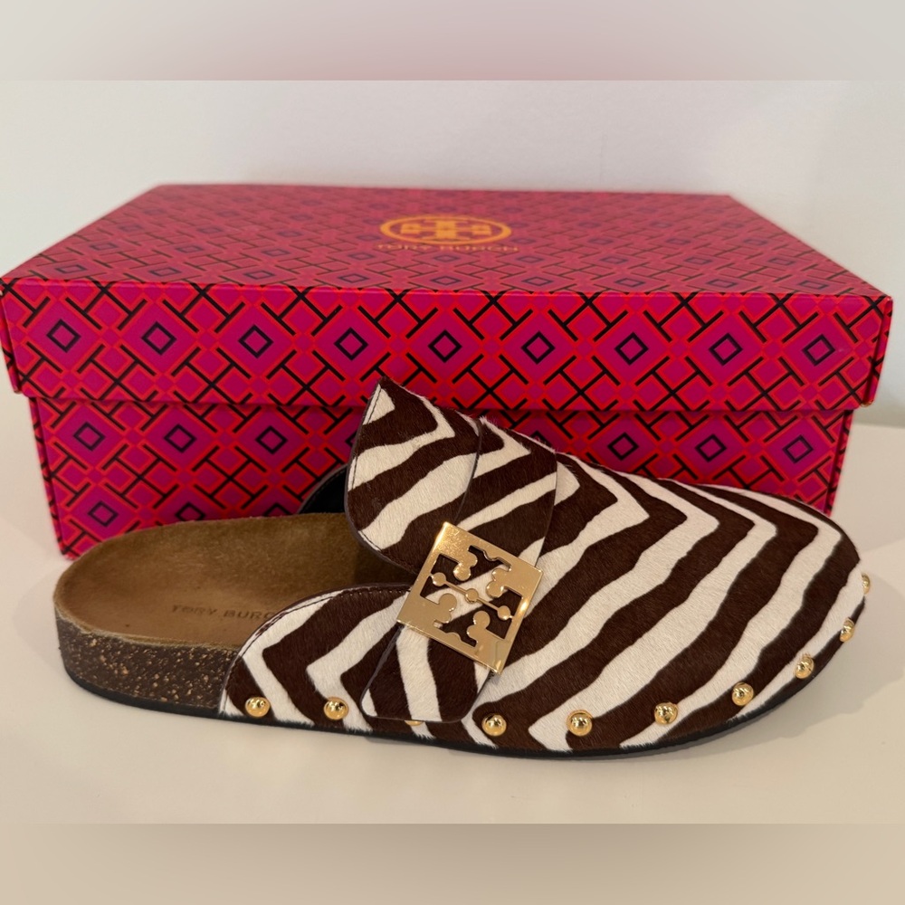 Tory Burch Brown and White Zebra Mules with Gold Accents